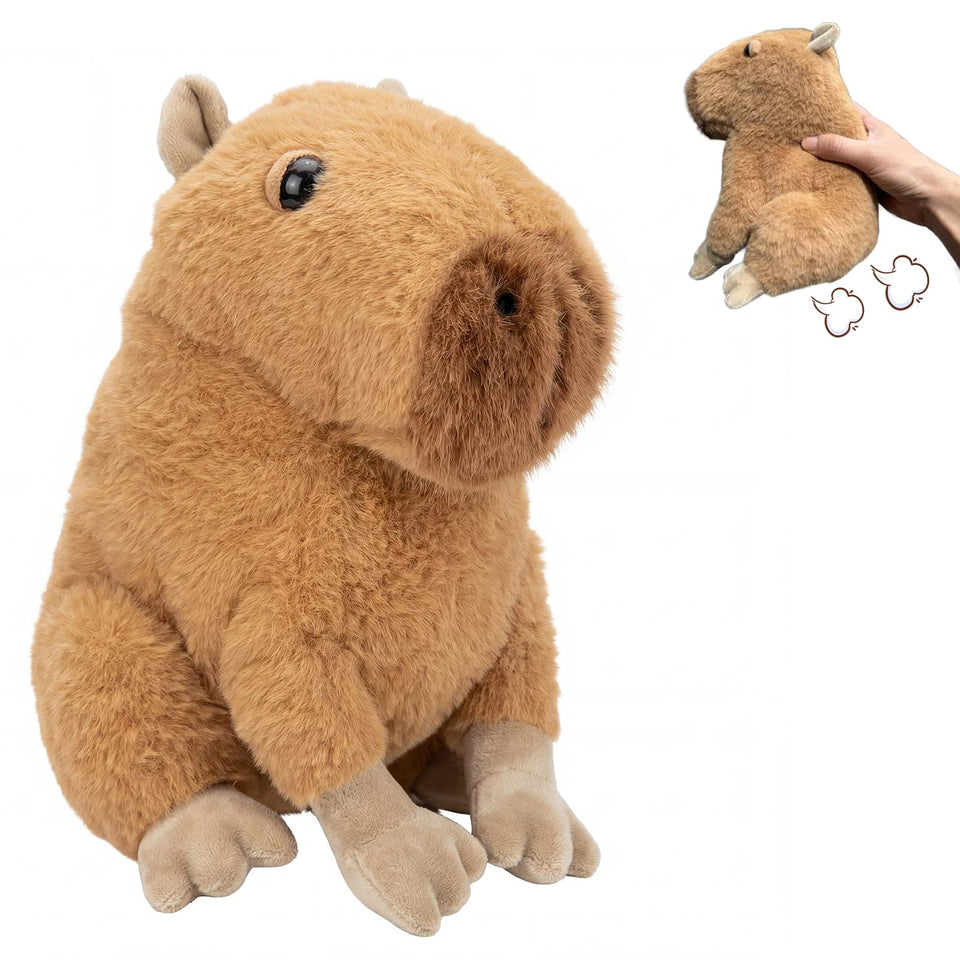 Freetoes farting capybara plush front view with playful sound feature for laughs.