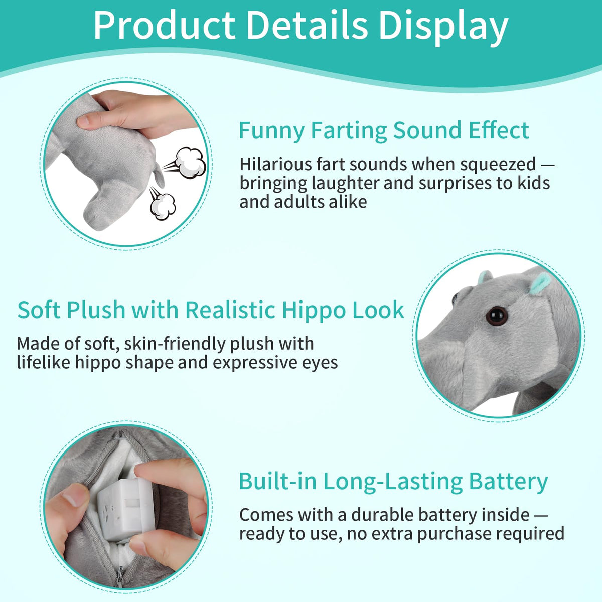 Freetoes Farting Hippo Plush shows built-in battery for instant laughs.