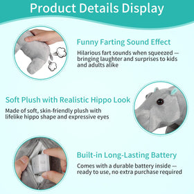 Freetoes Farting Hippo Plush shows built-in battery for instant laughs.