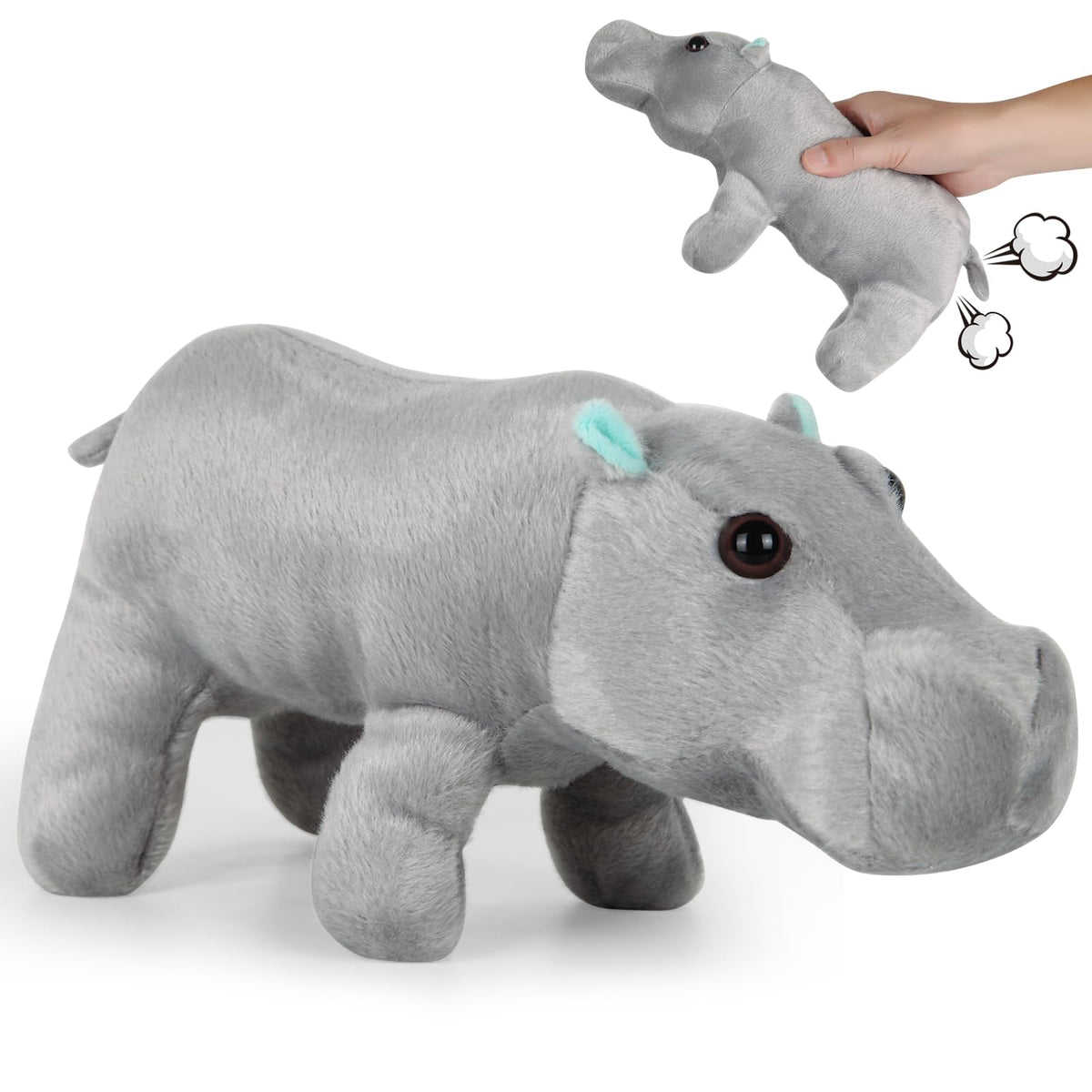 Freetoes Farting Hippo Plush front view, cuddly prank companion.