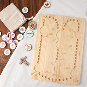 Freetoes rosary board beads and discs closeup highlights color variety and tactile learning.