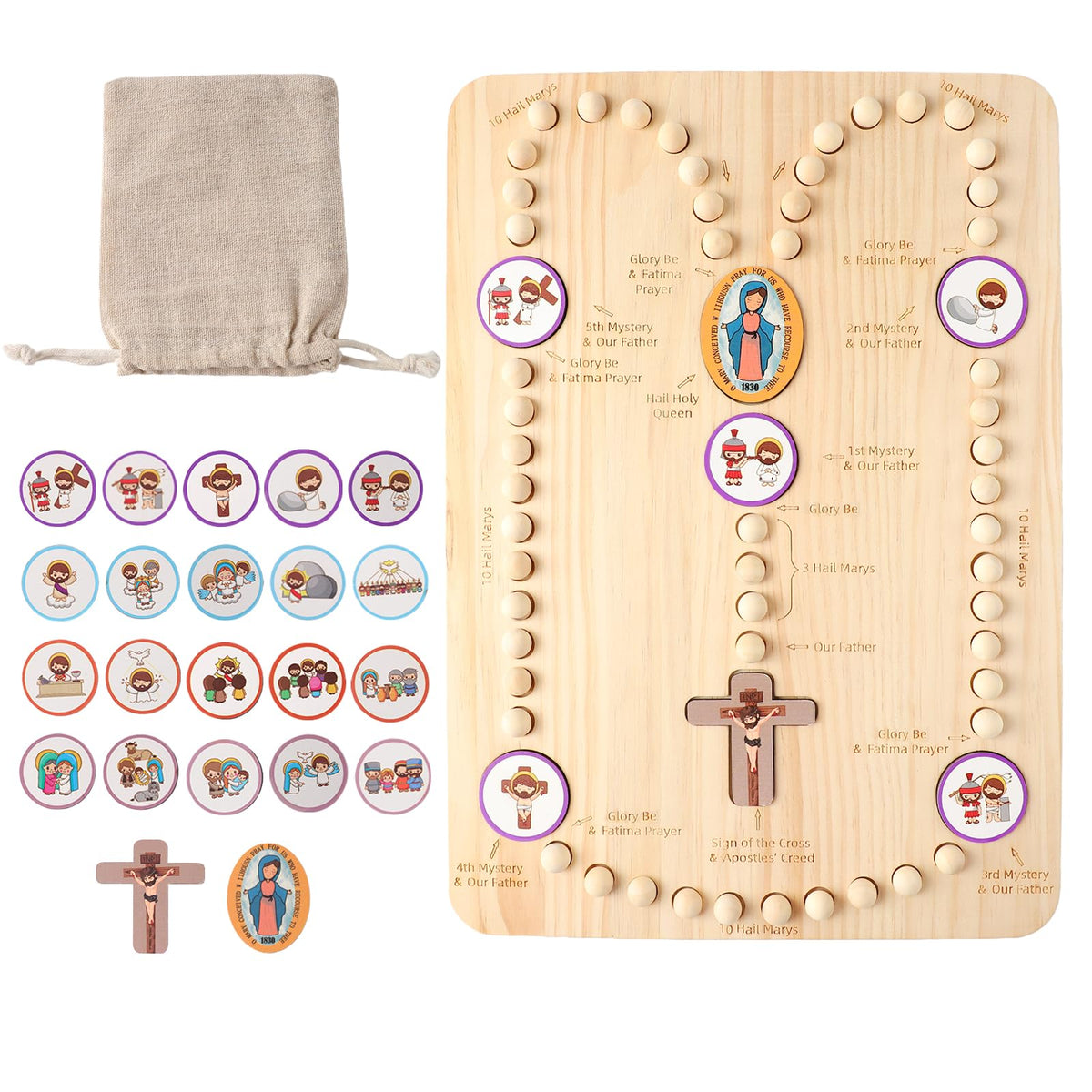 Freetoes wooden rosary board front view emphasizes sturdy construction for family prayer.