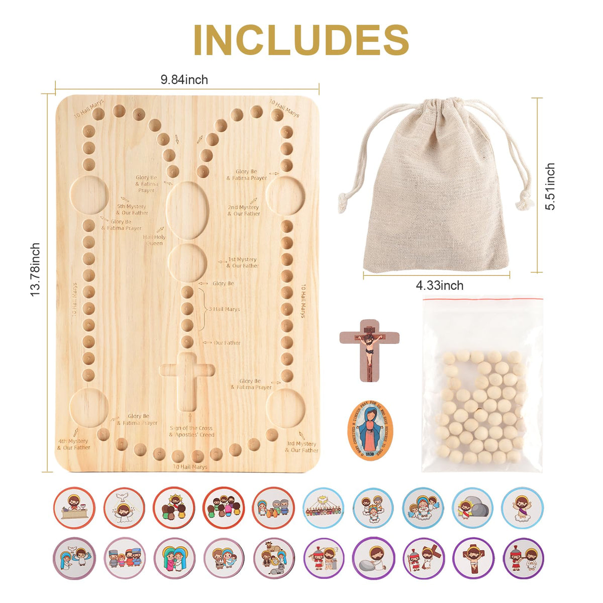Freetoes wooden rosary board side view shows compact design for small spaces.