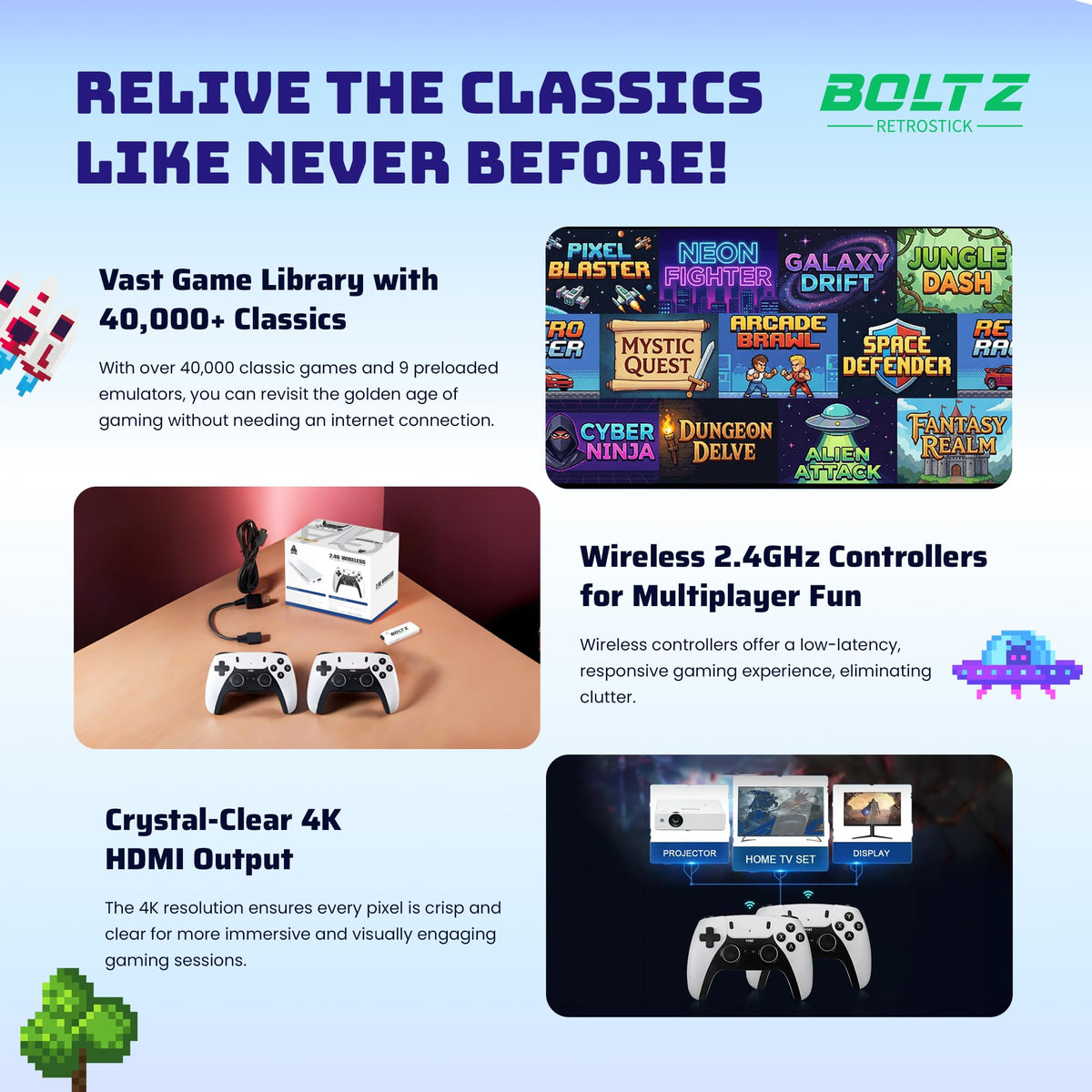 FREEZE2TRIM Boltz Retro Stick connected to a monitor for crisp 4K visuals