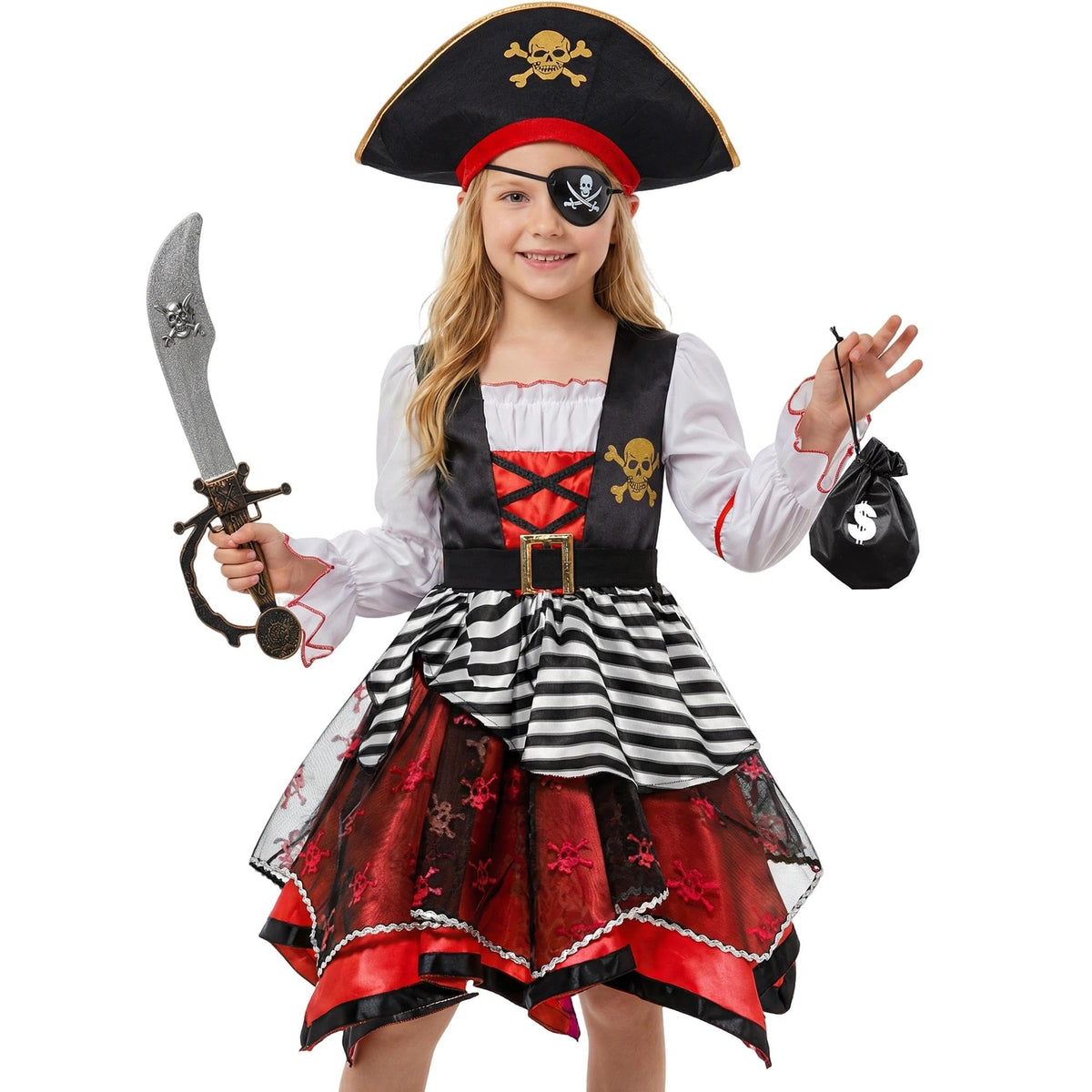 Frekuyrt girl pirate costume dress in red and black for imaginative play and dress-up.