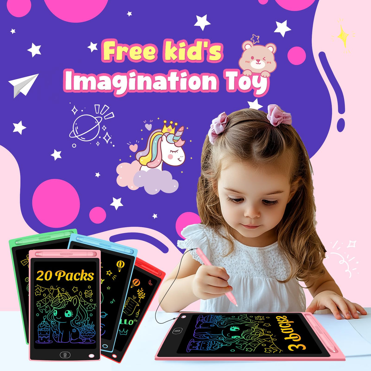 Frelswon 20-pack LCD writing tablet pink front encourages imaginative play