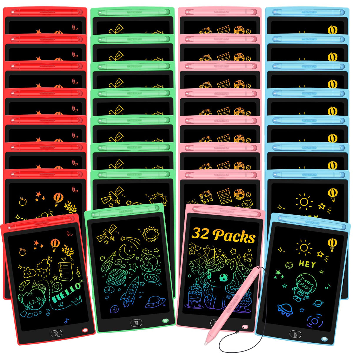 Frelswon 32-pack LCD writing tablets in 8.5-inch size for mess-free drawing.