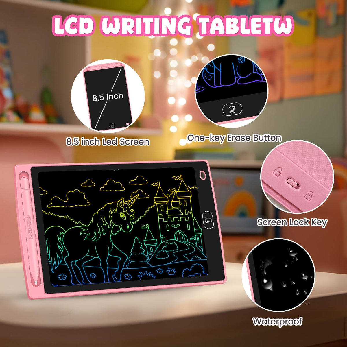 Frelswon tablet shows erase button and lock switch for quick clearing and saving doodles.