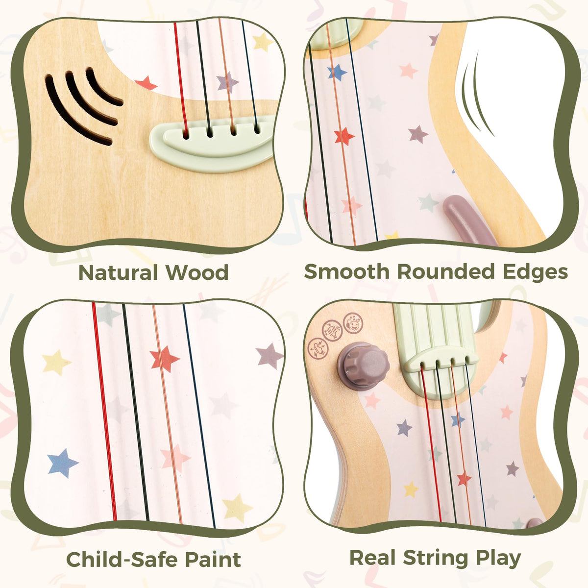FReniland Electric Guitar Toy wood-plastic hybrid design offers durable, safe play.
