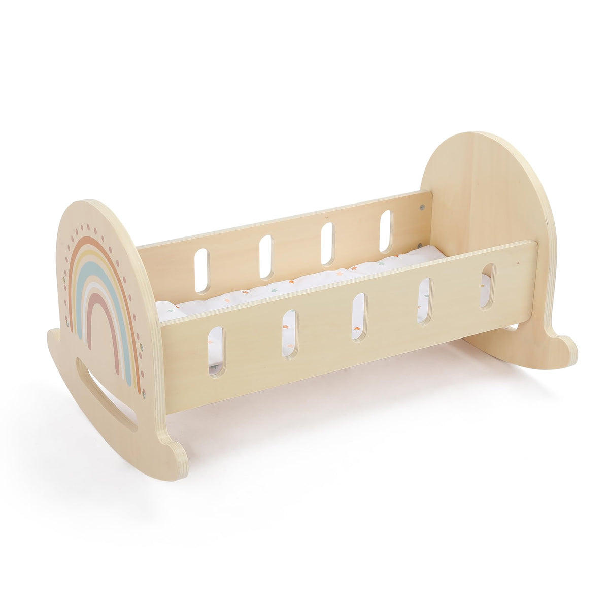 FReniland solid wood rocking doll crib with smooth edges for safe play