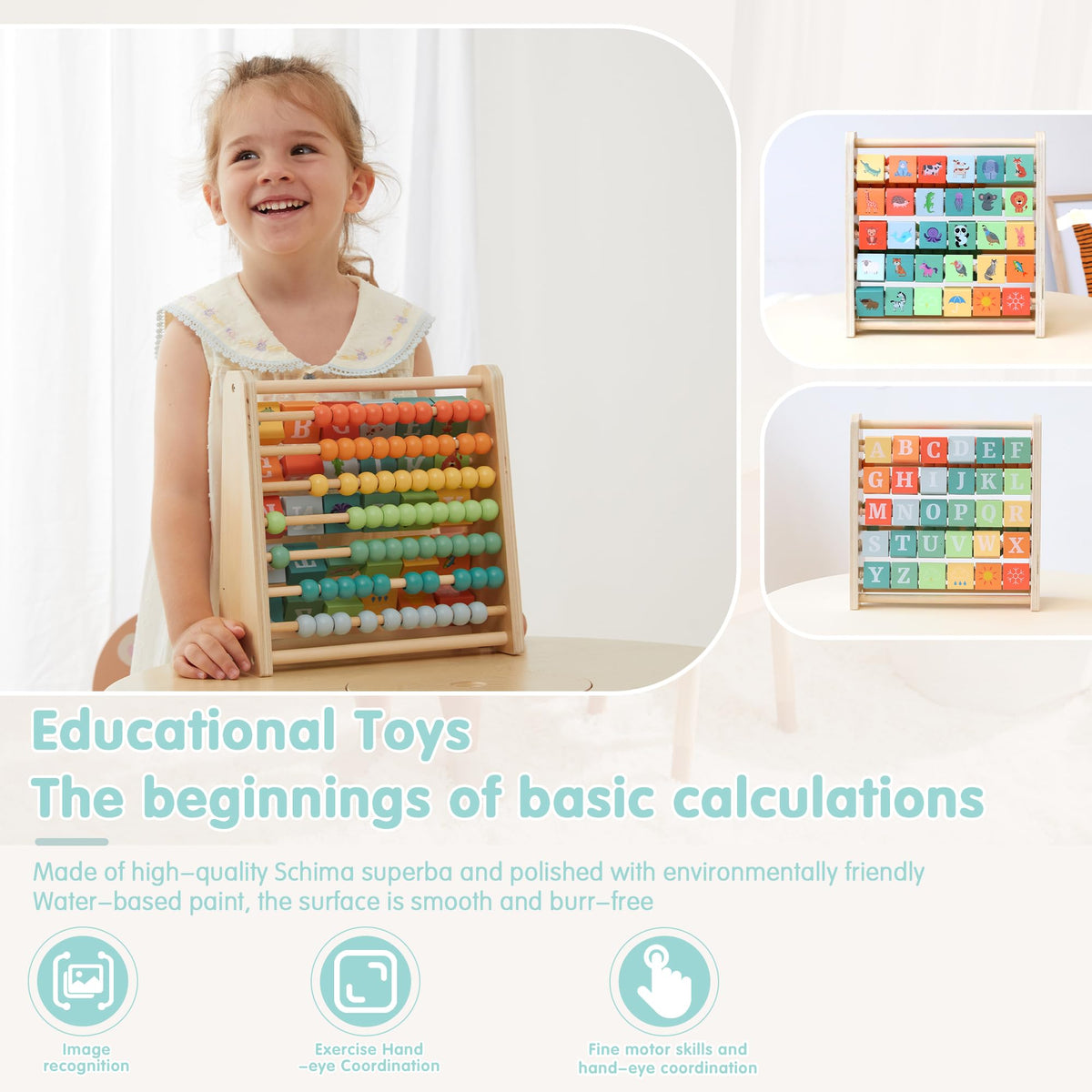 FReniland wooden abacus beads rainbow 70-bead layout for color sorting and early math