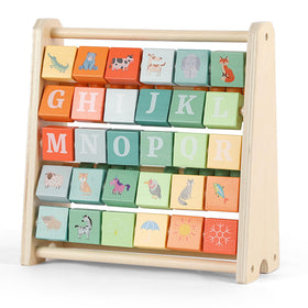 FReniland wooden activity cube front view highlighting abacus and alphabet tiles for early learning