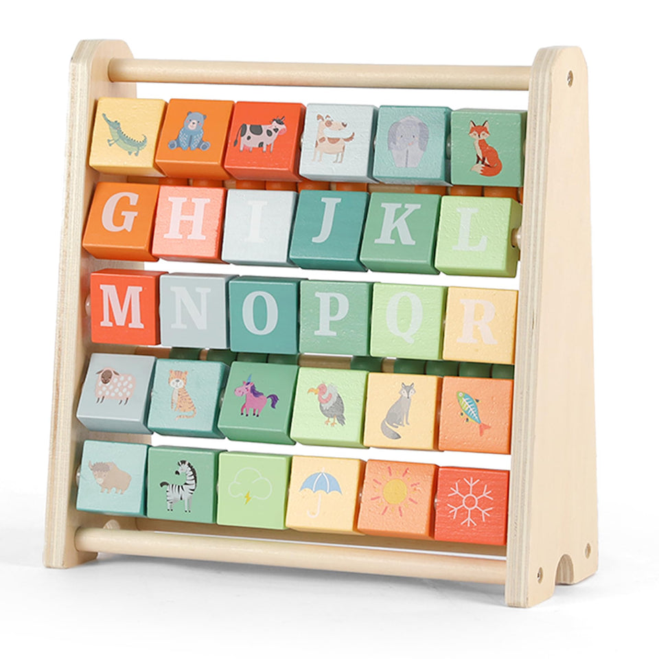 FReniland wooden activity cube front view highlighting abacus and alphabet tiles for early learning