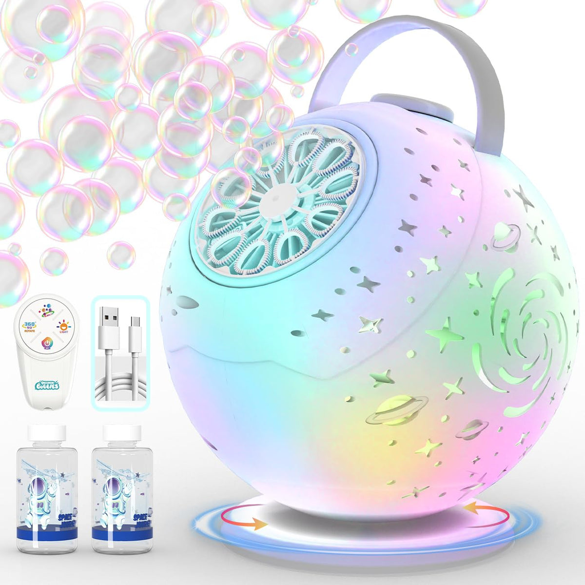 FREQUENT BUBBLES bubble machine front view with LED glow for festive vibes