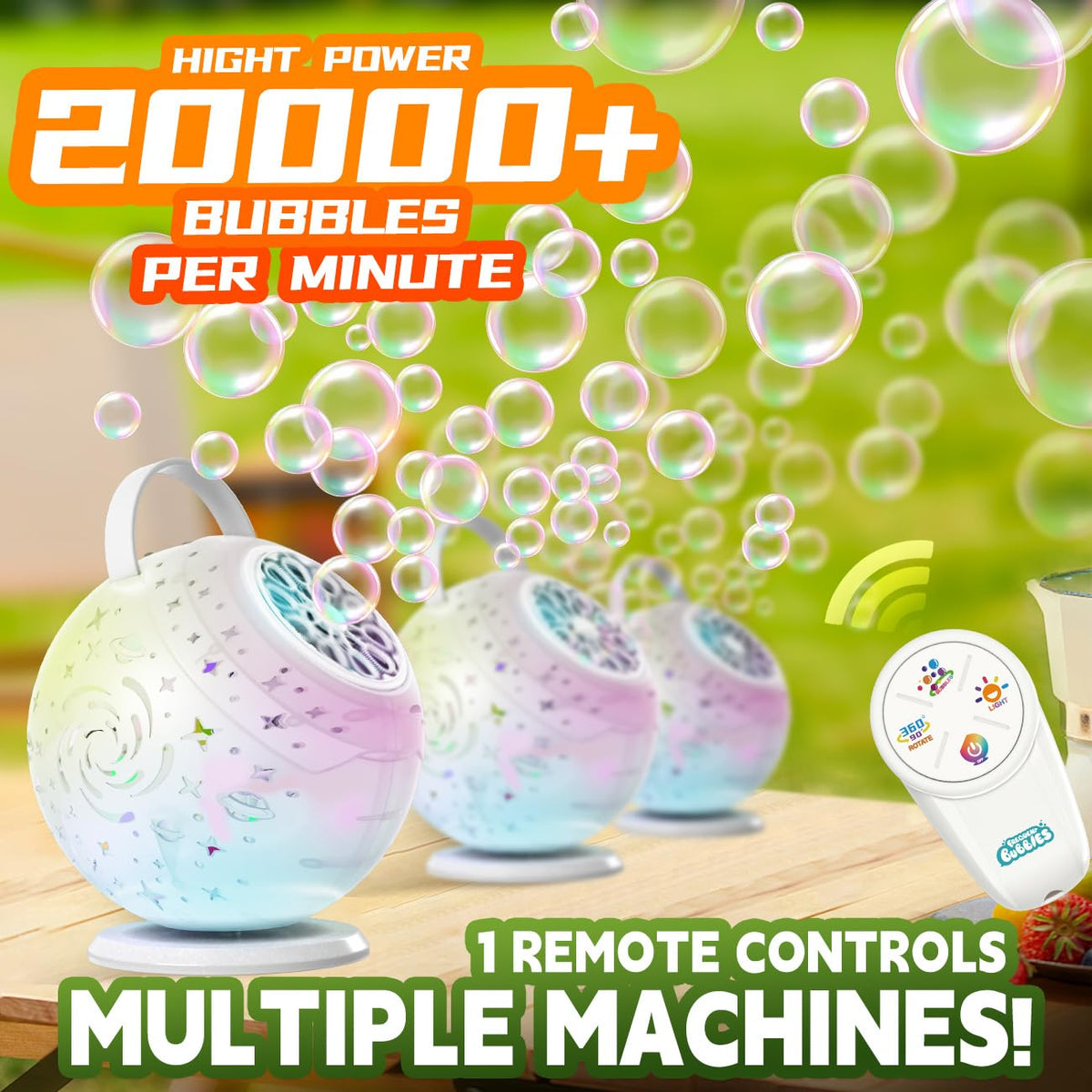 FREQUENT BUBBLES bubble machine with handheld remote control in action during a party