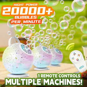 FREQUENT BUBBLES bubble machine with handheld remote control in action during a party