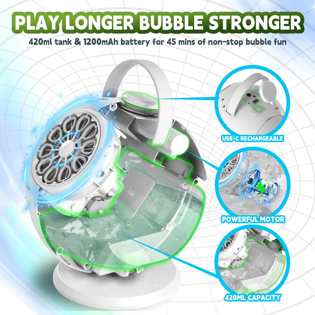 FREQUENT BUBBLES bubble tank 420ml with transparent window for longer play sessions
