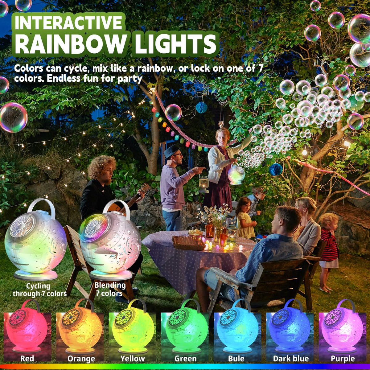 FREQUENT BUBBLES LED color modes cycling through seven colors for lively light shows