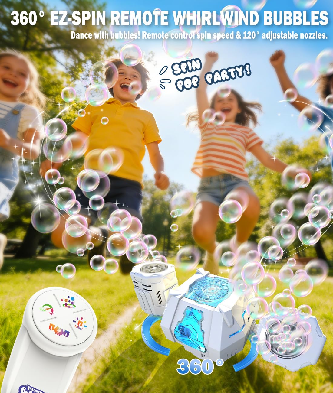 Remote control shows kids the bubble machine in action from a distance.
