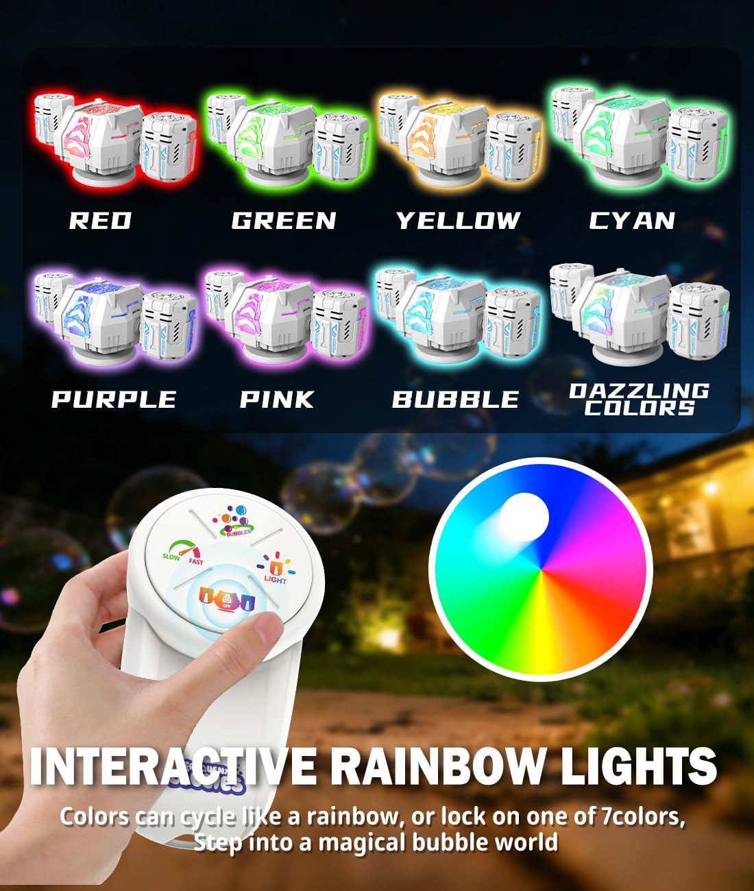 RGB lighting bathes bubbles, creating a colorful nighttime show.