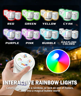 RGB lighting bathes bubbles, creating a colorful nighttime show.