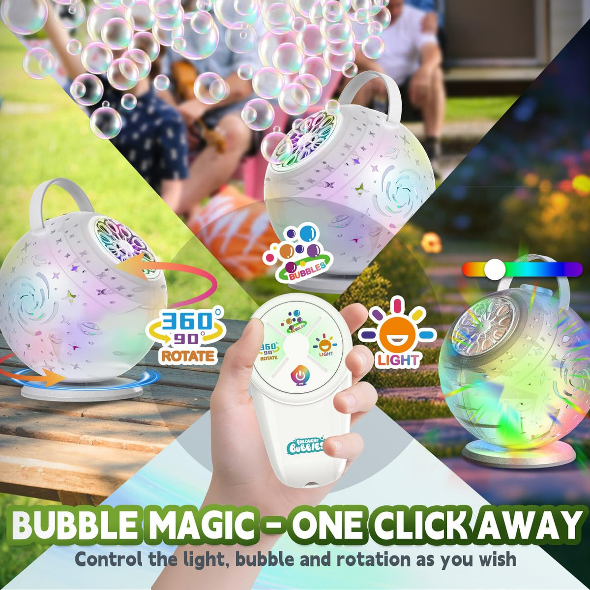 FREQUENT BUBBLES includes two bubble solution bottles for extended fun