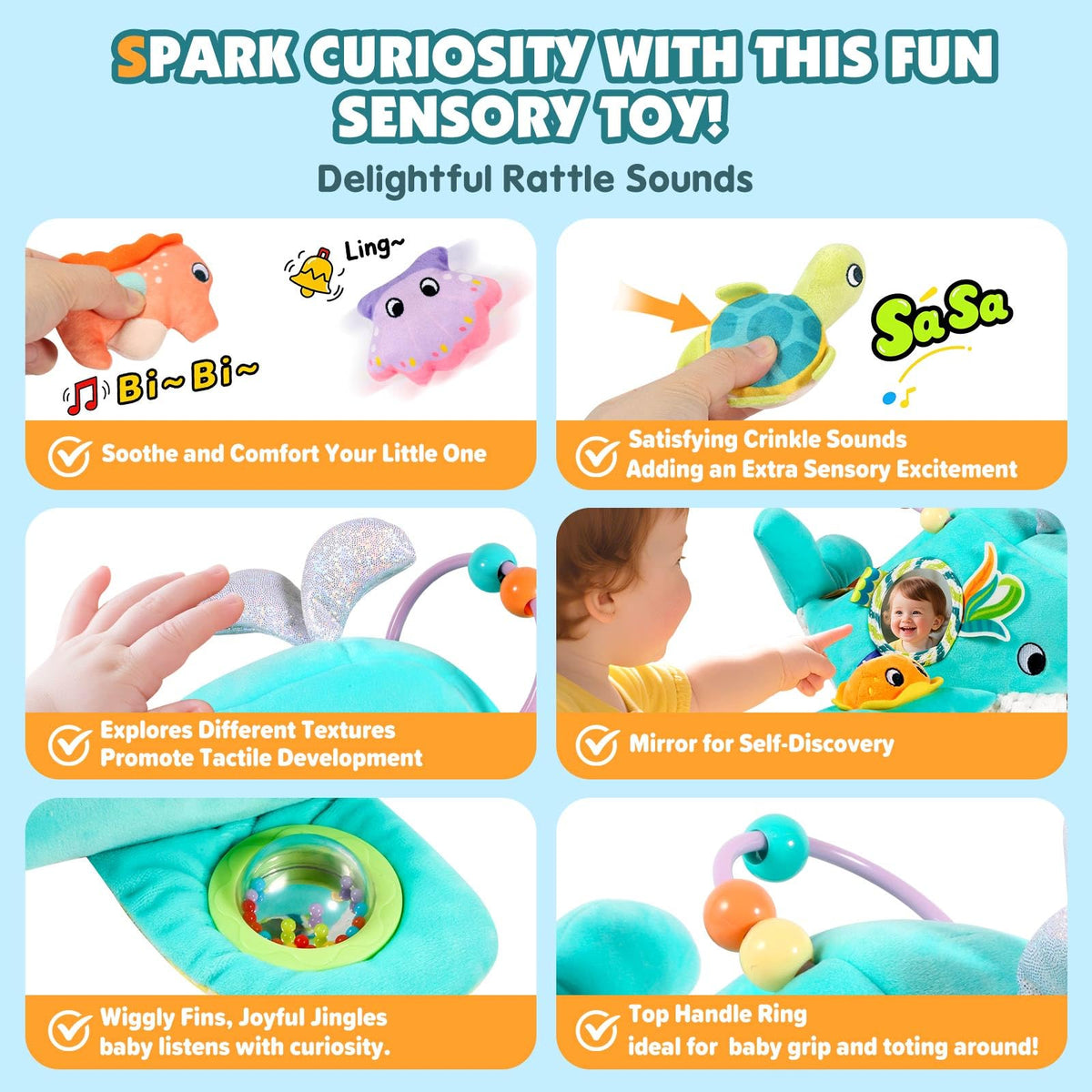 FREYBLI Crinkle textures provide gentle, engaging sounds during play.