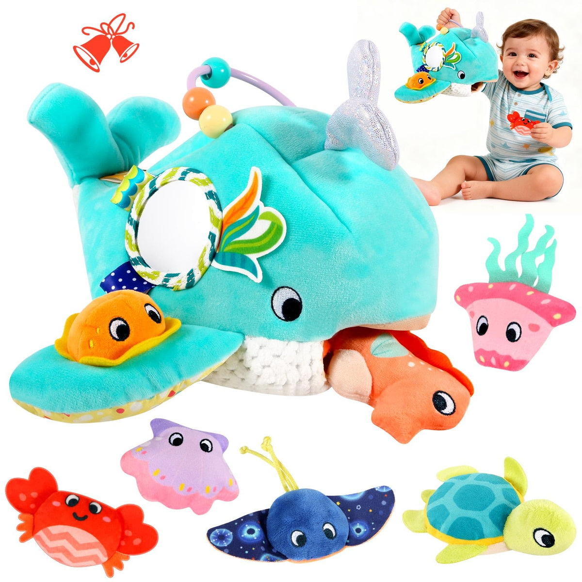 FREYBLI Ocean Adventure Whale toy for babies, soft and sensory-friendly.