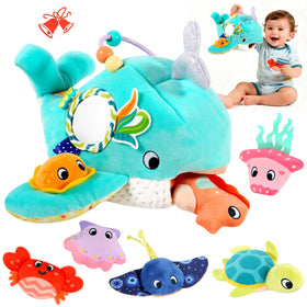 FREYBLI Ocean Adventure Whale toy for babies, soft and sensory-friendly.