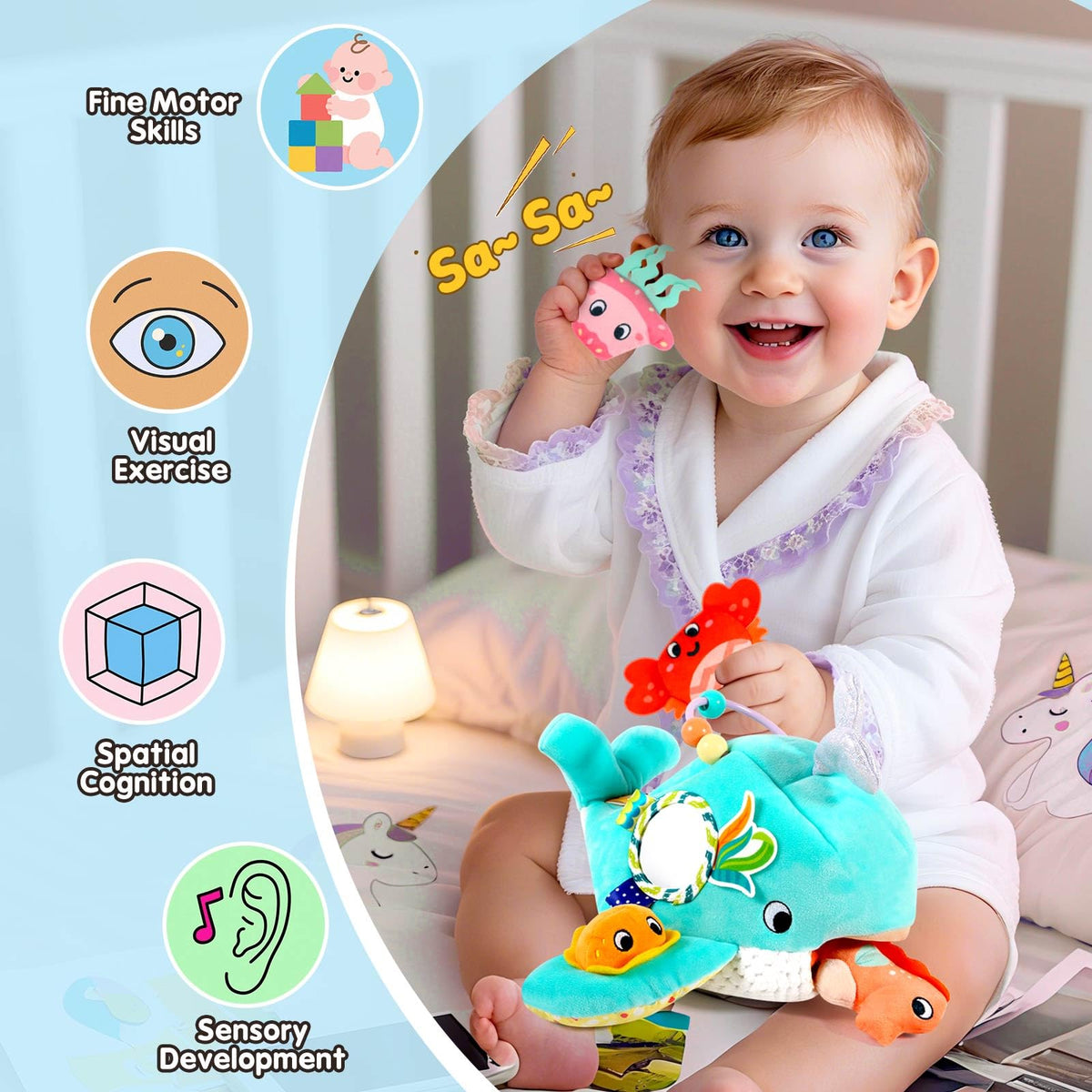 FREYBLI Rattle and squeaker hidden sounds boost baby engagement.