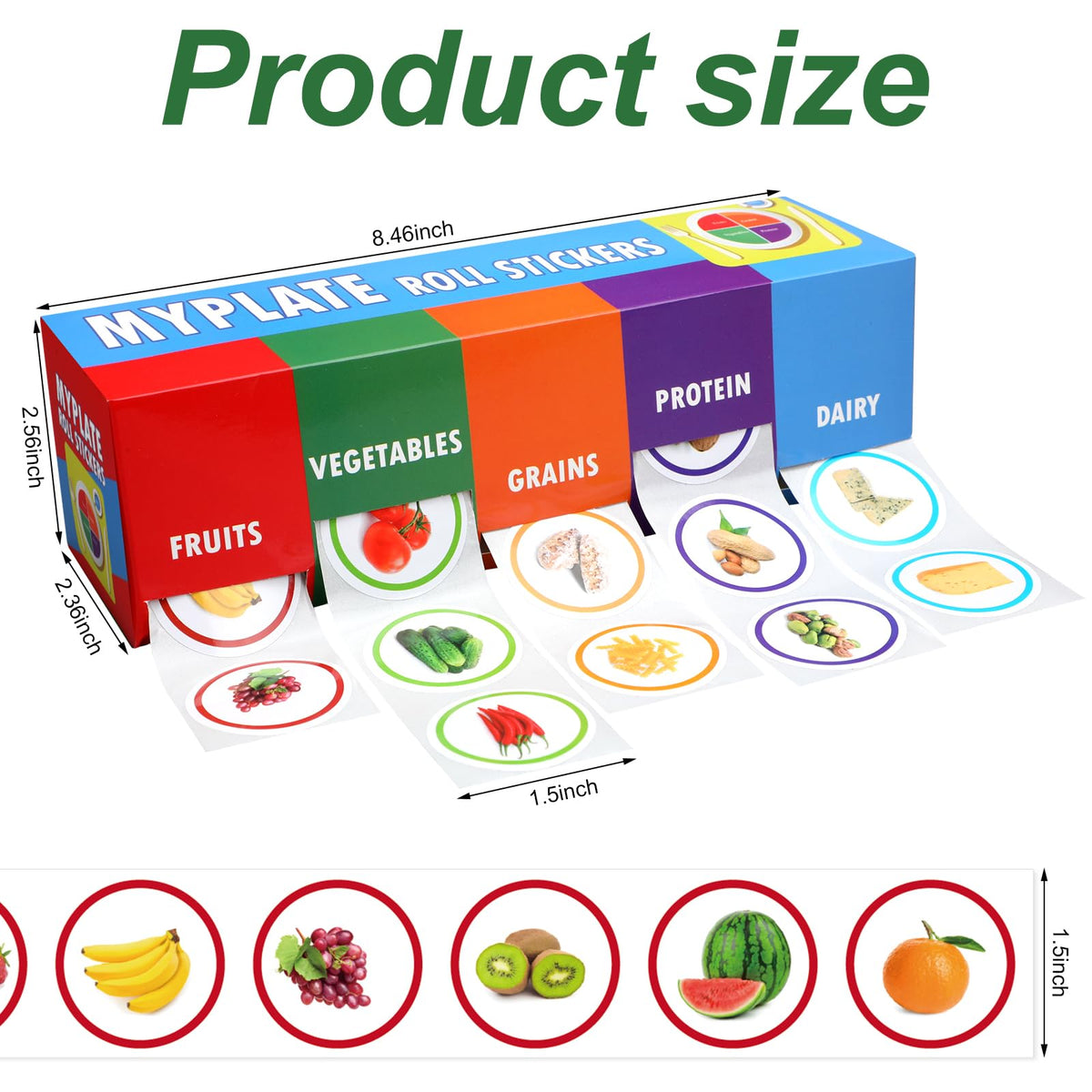 Frienda nutrition roll stickers pack displaying colorful food group designs for lessons.