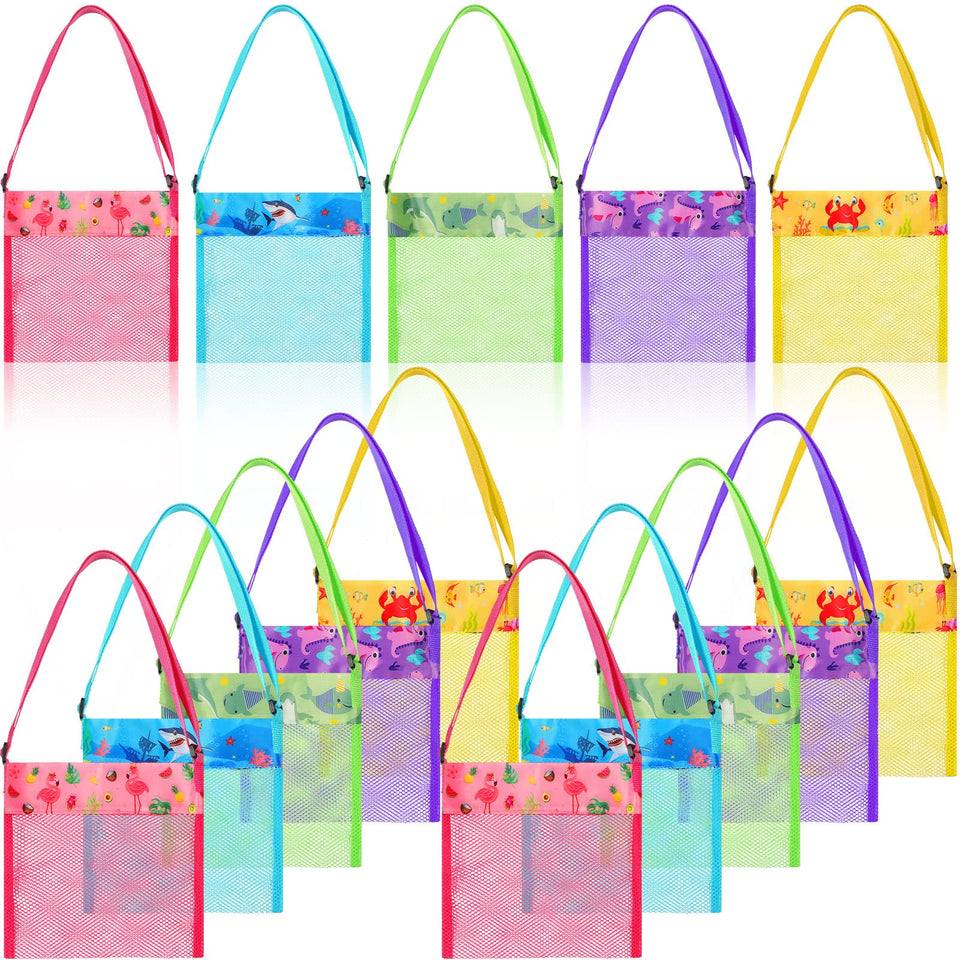 Frienda seashell bags in multiple colors, ideal for organizing kids' beach toys