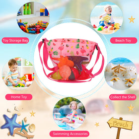 Frienda bag holding kids' toys and shells at the shore