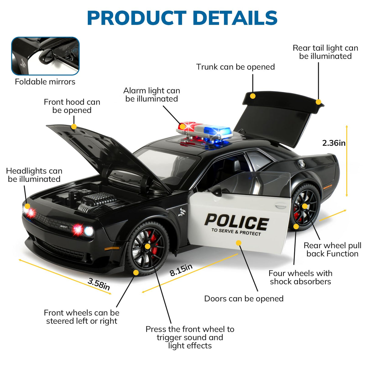 FRJV Hellcat police car with doors open for interactive play scenarios.