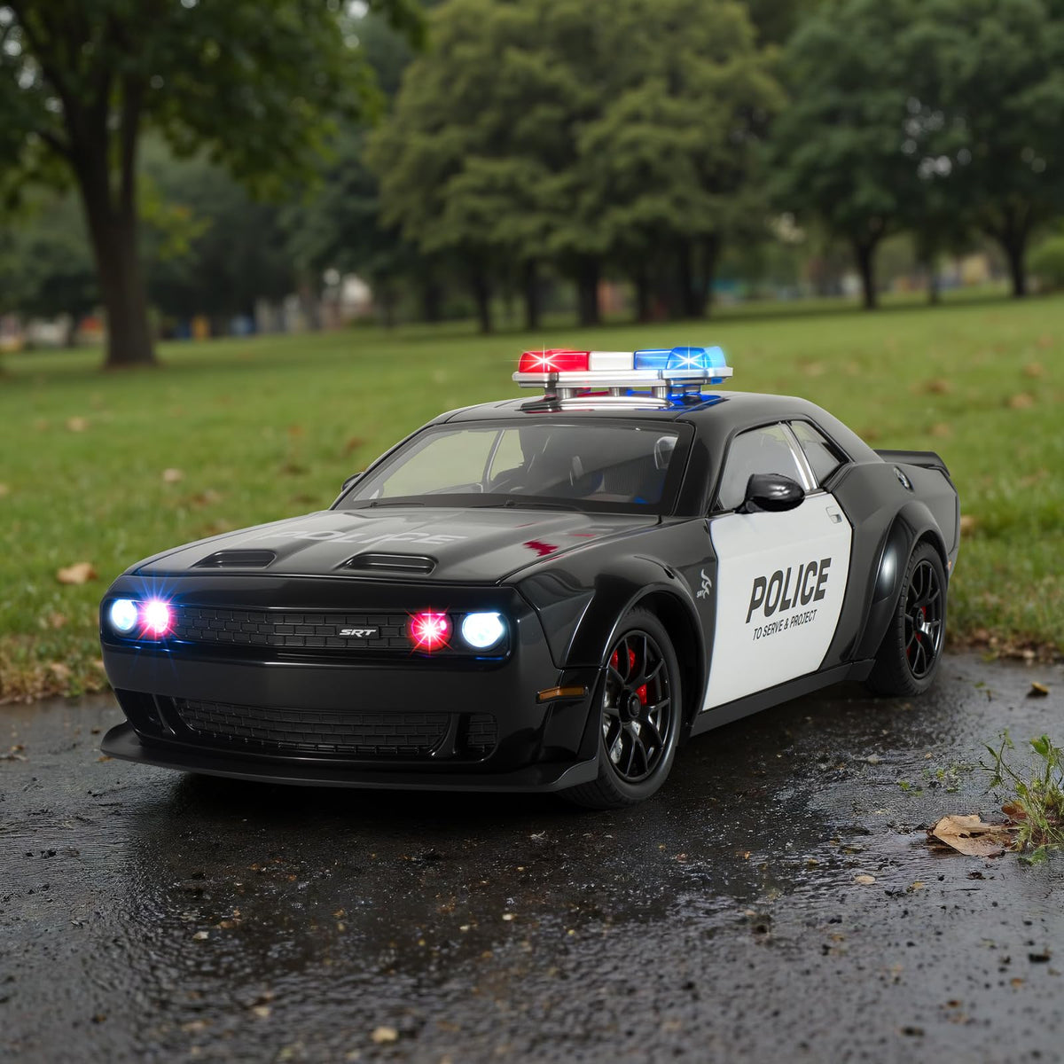 FRJV police car lights and siren enhance nighttime pretend missions.