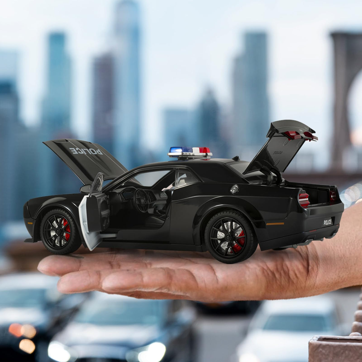 FRJV 1/24 scale police car fits small hands for easy handling.