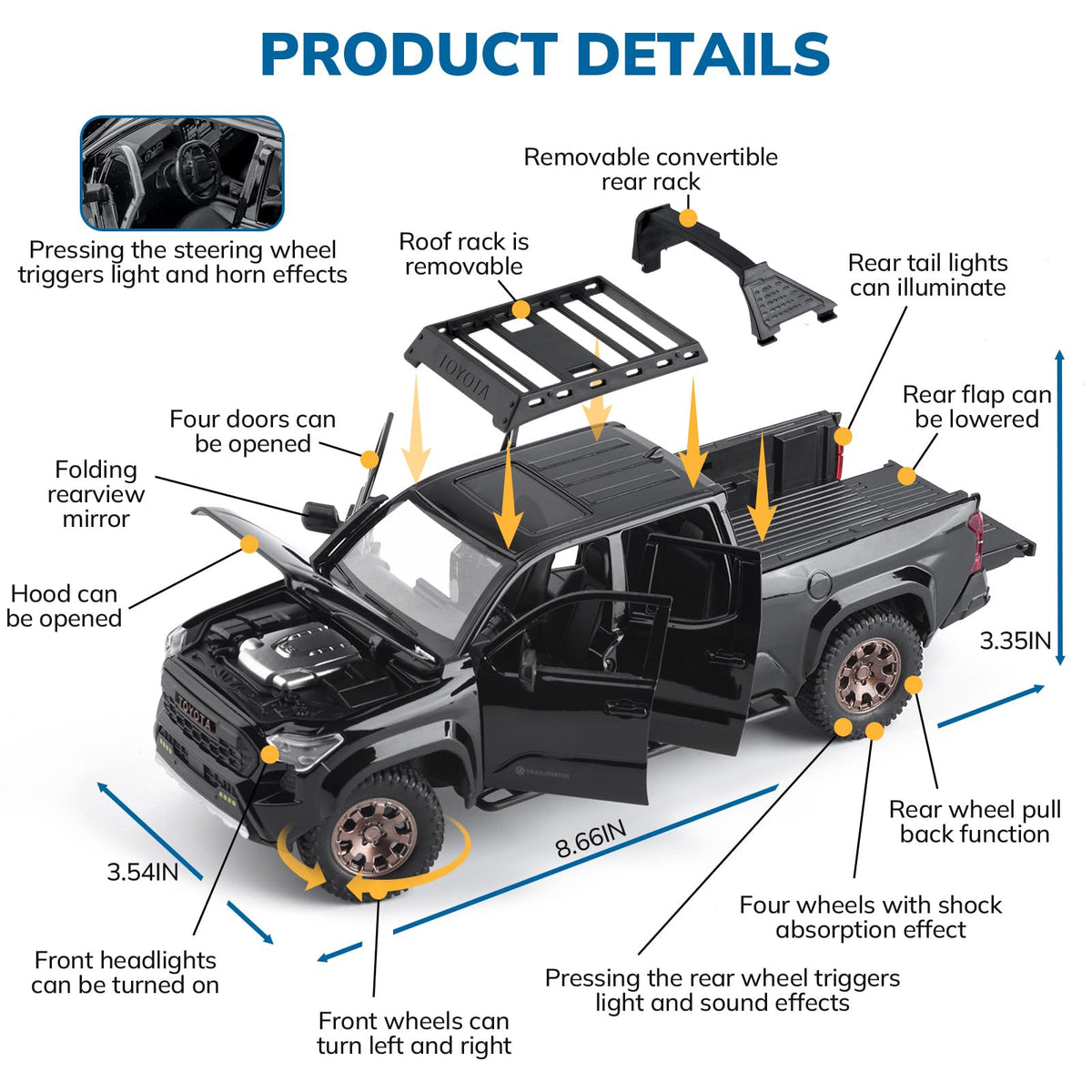 FRJV Tacoma truck with open doors and removable roof rack for interactive play