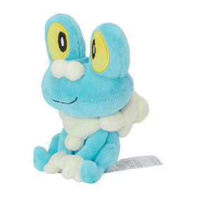 Froakie Sitting Cuties plush by Pokémon Center is palm-sized, ideal for shelves.