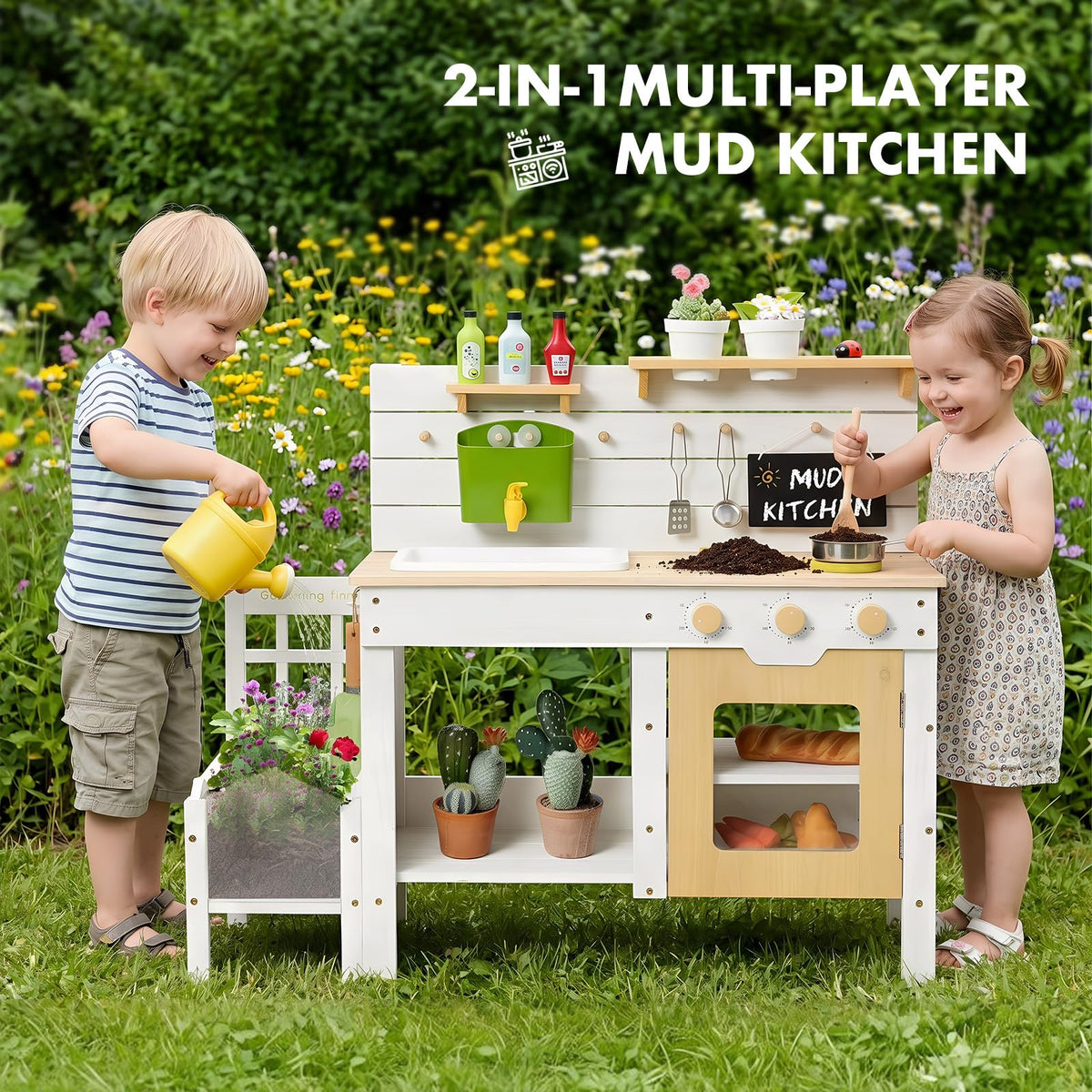 Frogprin Mud Kitchen with real faucet and burners for interactive water and pretend cooking.