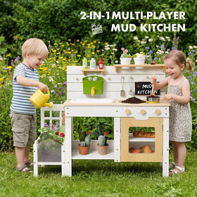 Frogprin Mud Kitchen with real faucet and burners for interactive water and pretend cooking.
