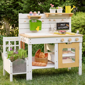 Frogprin Outdoor Mud Kitchen side view highlighting spacious surface for outdoor social play.