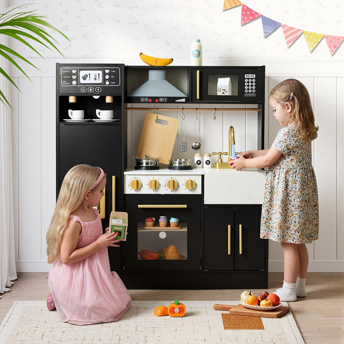 Frogprin Play Kitchen coffee maker offers flavor options for cafe role-play.