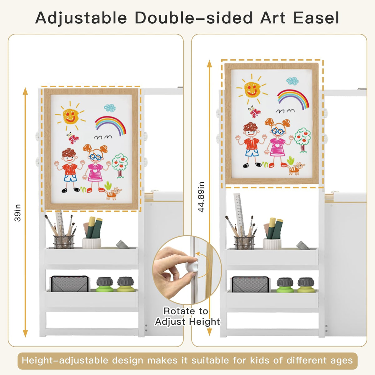 Frogprin under-easel storage shelves keep supplies accessible.