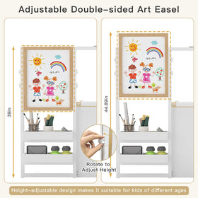 Frogprin under-easel storage shelves keep supplies accessible.