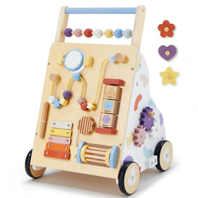 Frogprin wooden baby walker with activity panel promotes exploration and engagement.