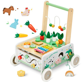 Frogprin wooden baby walker with interactive panel supports early learning.