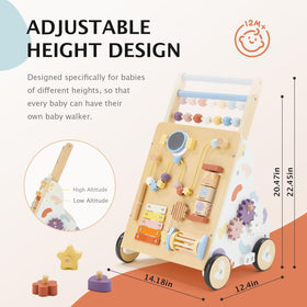 Frogprin wooden baby walker mirror and gears stimulate curiosity and motor exploration.