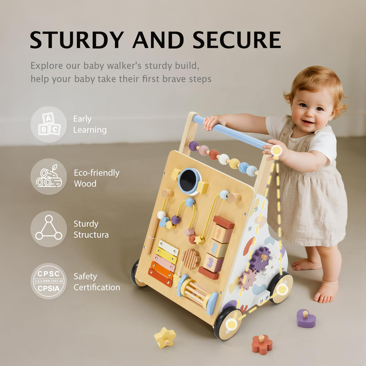 Frogprin wooden baby walker rear rack lets babies bring favorite toys along for play.