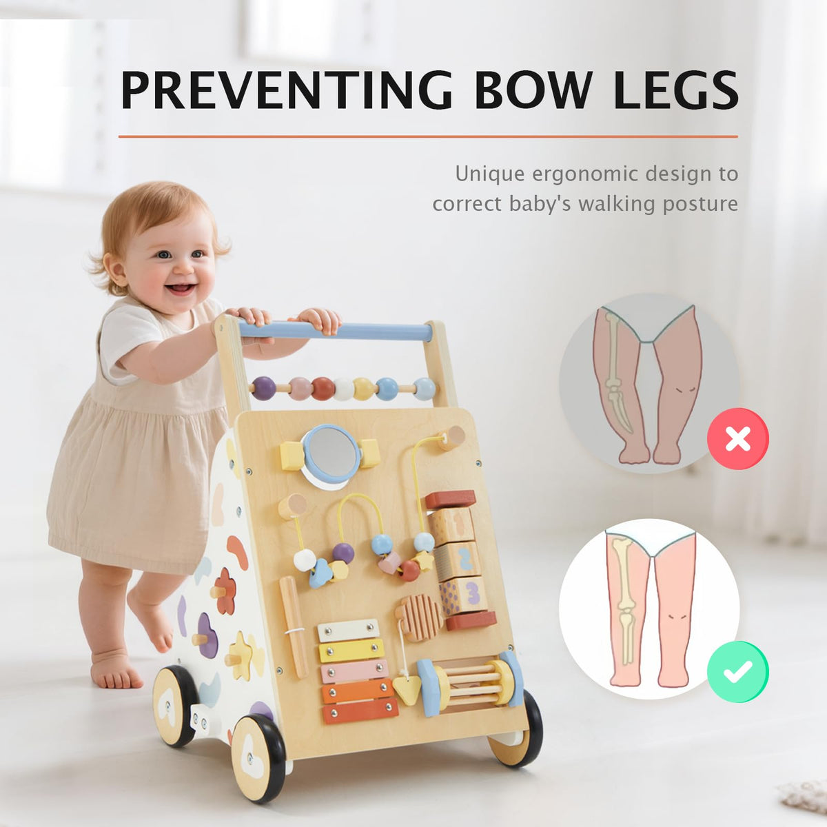 Frogprin wooden baby walker rubber wheels protect floors during confident steps.