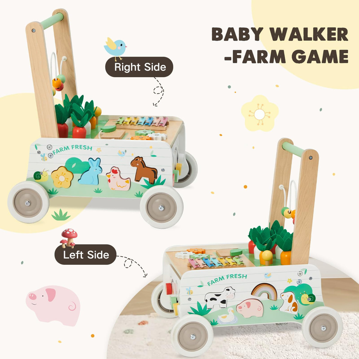 Frogprin wooden wheels ensure smooth rolling and floor protection.